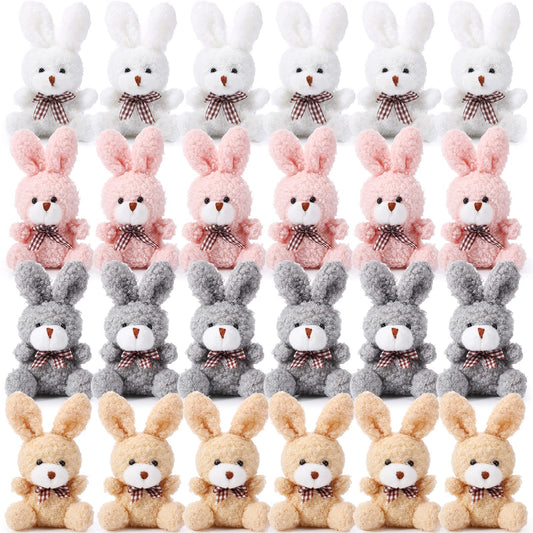 Sotiff 24 Pcs Plush Bunny Stuffed Animal Gift Bulk 4.7 Inch Mini Bunnies Keychain Doll Furry Rabbit with Bow Tie for Birthday Baby Shower Party Favor Classroom Rewards(Classic Color)