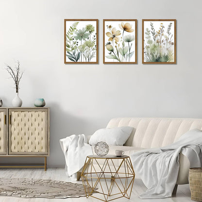 Wood Framed Sage Green Botanical Wall Art Set of 3, Boho Floral Canvas Wall Decor Paintings, Minimalist Flower Posters Prints Pictures for Bedroom Bathroom Living Room Home Decor 12x16 Inch