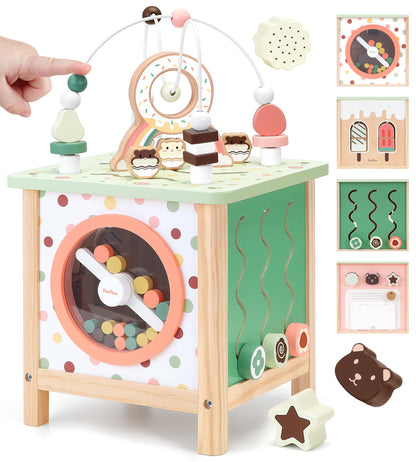 PairPear Wooden Activity Cube Montessori Toys Wooden Play Cube Activity Center Baby Busy Board Multifunctional Early Educational Development Toys Sensory Gifts for Toddlers Girls Boys 1 2 3 Year Old