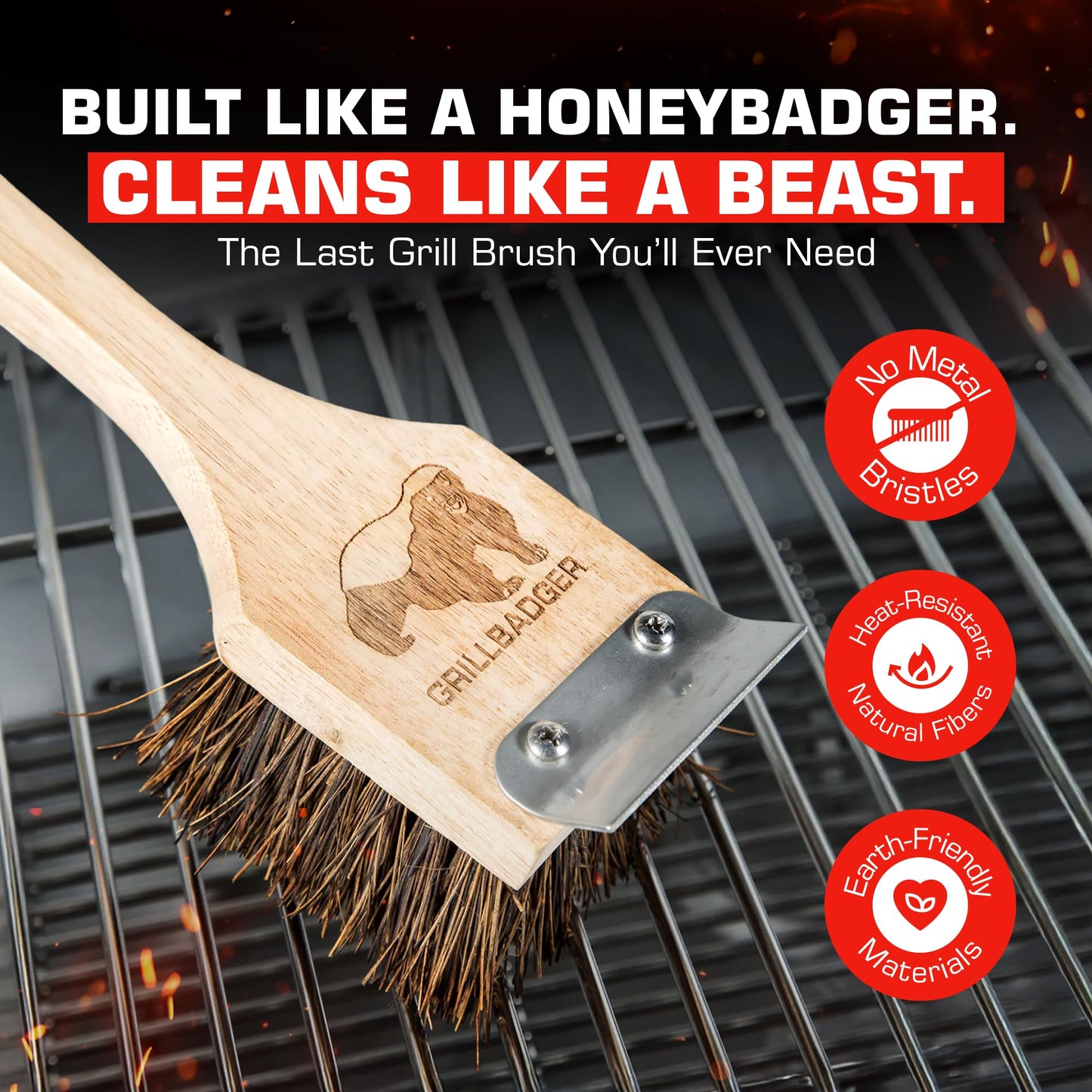 Grillbadger The Original Non Metal Grill Brush for Outdoor Grill | High Temp Heat Resistant BBQ Cleaning Brush | Long Lasting Wooden BBQ Cleaner with Scraper, Safe for Cast Iron Grates - Natural Wood