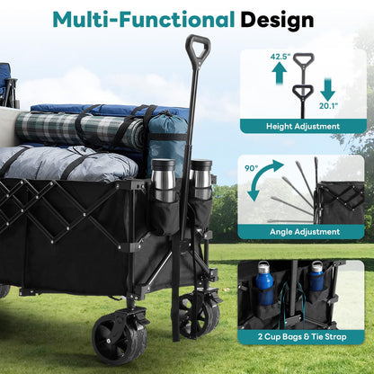 OLIXIS Collapsible Wagon Cart - 440lbs Foldable Extra Long Heavy Duty Utility Wagon with Wheels, Portable Storage Grocery Cart for Camping, Shopping, Sports, Beach, Garden (Black, 48" L)