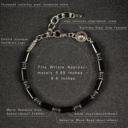 Casvia Midnight Fusion Men's Beaded Bracelet, Handcrafted Black Onyx & Hematite, Adjustable Dual-Clasp 6.89–8.8 Inches, Stackable Daily Wear, Birthday Gift for Men Dad Boyfriend