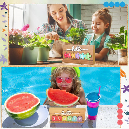 Roowest 5 Pcs Hello Spring Interchangeable Sign Seasonal Sign Summer Fall Winter Tiered Tray Decor 5.9 x 3 Inch Wooden 4 Seasons Farmhouse Table Centerpiece Decoration for Home Shelf Office(Simple)