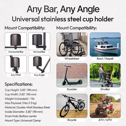 Kroozie Deluxe Stainless Steel Bike Cup Holder for Motorcycles, Strollers, Beach Cruisers, Wheelchairs, and ATVs - Fits Vertical or Angled Bars and Holds Drinks up to 48 oz