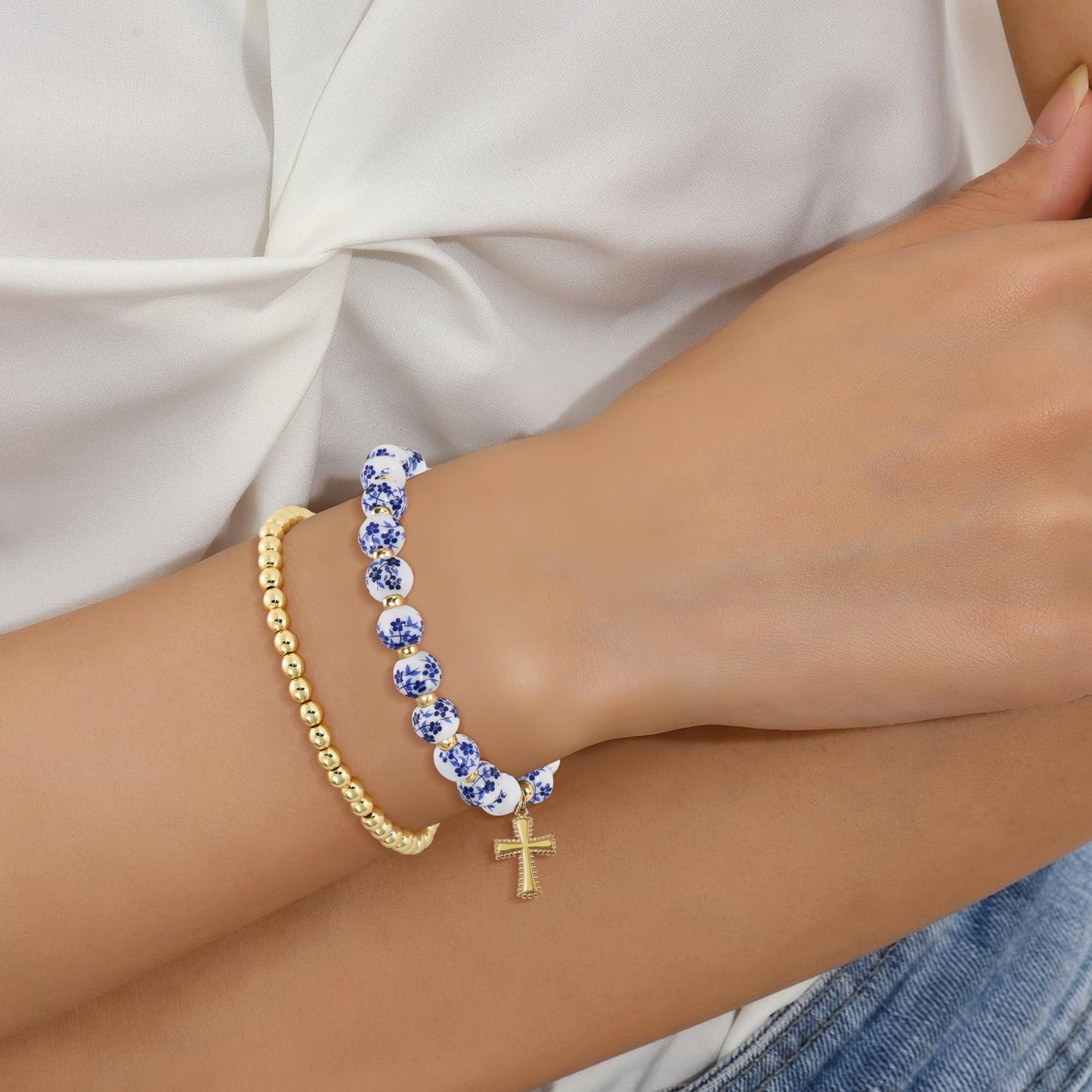 VIBILIA Cross Bracelets for Women, Cross Charm Vintage Jewelry, Flower Beaded Bracelet, Handmade Stretch Jesus Baptism Romantic Christian Birthday Gifts for Women on Easter Mother's Day, Blue Gold