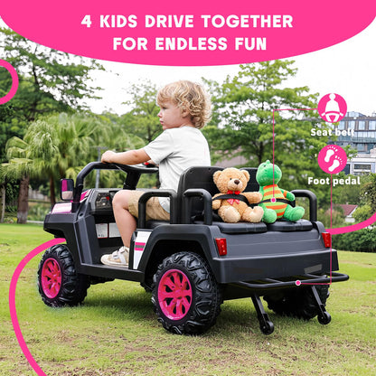 Electric Car for Kids, 24V 4 Seater Ride on Toys w/Parent Remote, 4 Wheeler Suspension, Max 220lbs Weight Capacity, USB, Music, Radio, LED Light, Ride on Truck for Boy/Girl Ages 3-8, Pink