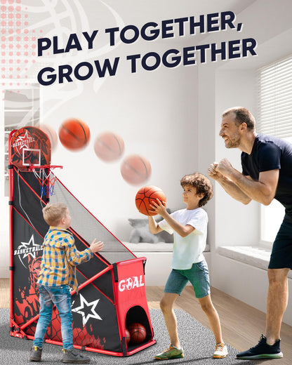 MerryMove Basketball Arcade Game for Kids: Foldable Basketball Hoop Set with Soccer Goal- Portable Indoor Outdoor Sports Play Toy- Gift for Ages 3-12 Boys Girls- Air Pump and 3 Balls Included