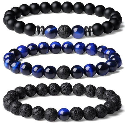 XIANNVXI Mens Blue Crystal Beads Bracelet 3PC Blue Black Stone 8mm Bead Bracelets Set for Men Stretch Lava Rock Obsidian Black Crystal Beaded Bracelet for Mens