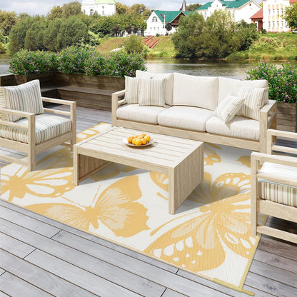 Uphome Outdoor Rug Waterproof 6x9 ft, Patio Plastic Straw Rugs for RV Camping, Reversible Butterfly Mat Outside, Indoor Outdoor Floor Carpet for Back Yard Deck Balcony Porch Beach Picnic, Yellow
