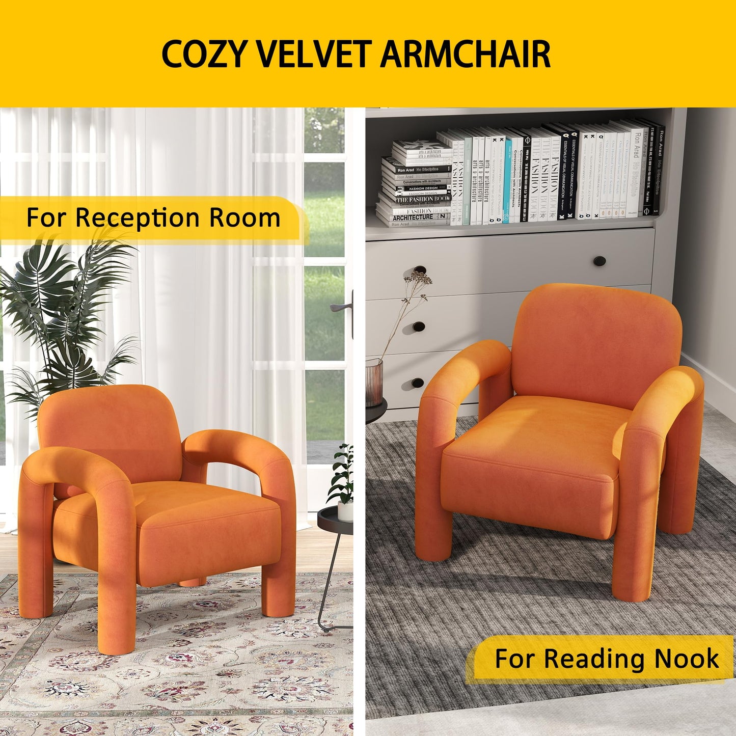 SEYNAR Modern Accent Chair, Comfy Velvet Upholstered Armchair, Cozy Vanity Chair Single Sofa, Tufted Barrel Chair Reading Chair for Living Room, Bedrooms, Corner（Orange）