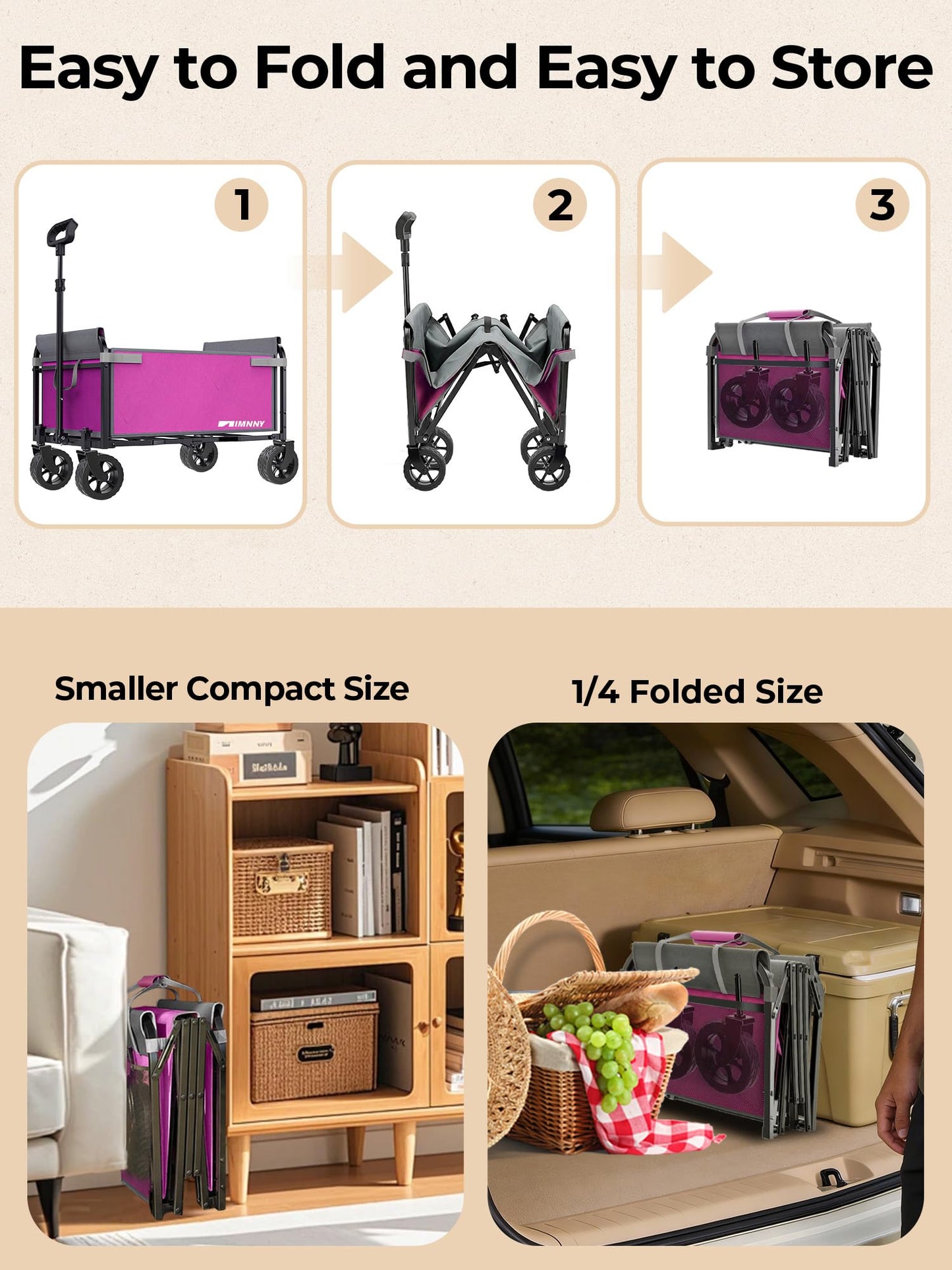 Aimnny Pink Folding Wagon Cart with Wide Wheels, Lightweight & Portable, Easy Fold & Removable Side Utility Wagon for Groceries, Gardening, Camping, Pet Use