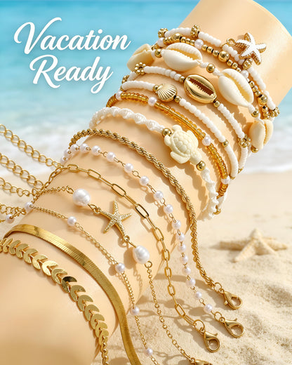 FAXHION Boho Gold Beaded Bracelets for Women, Starfish & Shell Pendant Bracelet Stack, Gold Bracelet Set Summer Beach Jewelry Gifts