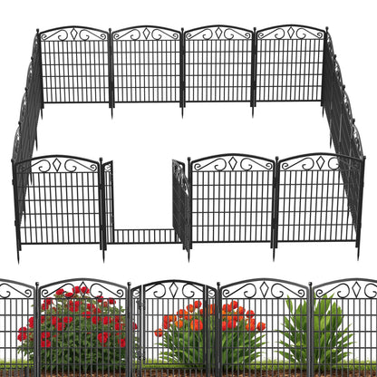 10 Panels No Dig Decorative Garden Fence with Gate, GATKITOM 31.3in(H) x 21.7ft(L) Rustproof Animal Barrier Metal Dog Fence Outdoor for Yard, Patio, Temporary Garden Fencing with Ground Stakes
