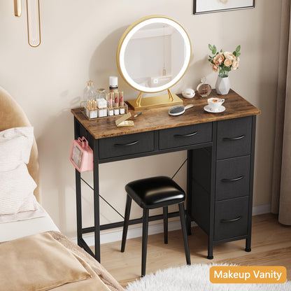 HIGDBFE Small Desk with 5 Fabric Drawers, 33 Inch Writing Desk for Home Office, Simple PC Desks for Small Place, Kids Girls Teen Study Table Vanity for Bedroom, Dorm, Rustic Brown, 14" D