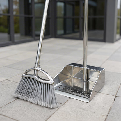 Metal Dustpan and Heavy Duty Broom Set, Stand Up Dustpan with Outdoor Stiff Bristles Broom for Hardwood Patio Room Office Floor Sweeping