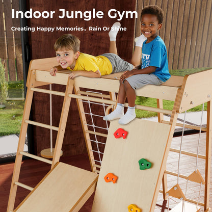 LINKHOO Large Wooden Indoor Jungle Gym for Kids Ages 2-6, Montessori Climber Playset w/Slide, Climbing Net, Monkey Bars, Swing- Indoor Playground Birthday Gift