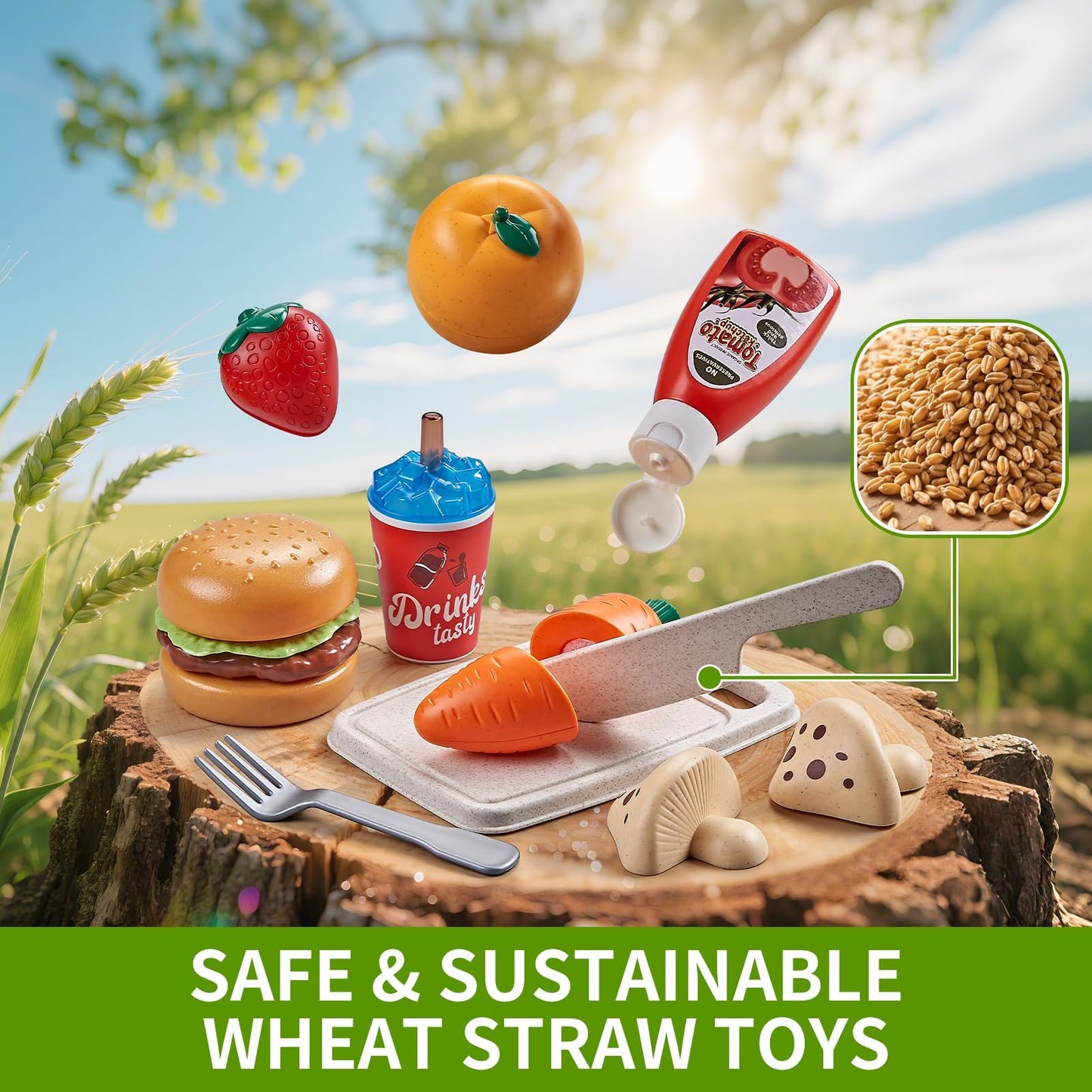 Play Food Sets for Kids Kitchen, Wheat Straw Pretend Food Toys with Kids Picnic Basket and Picnic Blanket, Cutting Toy Food, Fake Food with Pizza Toy, Play Kitchen Accessories, STEM Gift for Boy Girl