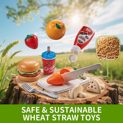 Play Food Sets for Kids Kitchen, Wheat Straw Pretend Food Toys with Kids Picnic Basket and Picnic Blanket, Cutting Toy Food, Fake Food with Pizza Toy, Play Kitchen Accessories, STEM Gift for Boy Girl