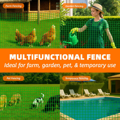 Temporary Fencing, 3' x 50' Portable Dog Fence with 10 Step-in Posts, Ground Stakes & Wind Ropes, Plastic Mesh Snow Safety Barrier for Garden, Backyard, Yard & Outdoor Animal Protection (Green)