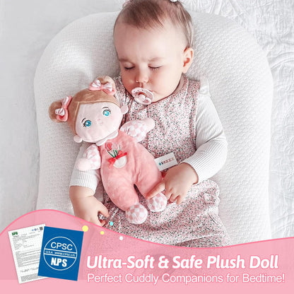OUOZZZ Baby Doll Accessories with Soft Doll, Bassinet, Blanket and Bottle, Interactive Pretend Playset for Social Emotional Learning, Toy for 2 Year Old Girls