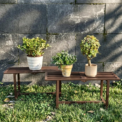 Rioneta Plant Stand Indoor Outdoor, Foldable Metal Plant Shelf for Multiple Pots, Mid Century Slatted Bench for Patio Garden, Heavy Duty Capacity 330 lbs 2 Pack Coffee