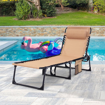 Foristrail Folding Chaise Lounge Chair Bed - Heavy-Duty 400lb Capacity Portable Adjustable Recliner w/Pillow for Patio, Pool, Camping, Sunbathing - Lay Flat Design (Beige)