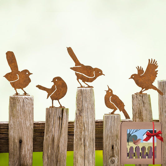 KIFEKKUL 5PCS Rusty Bird Decor, Garden Sculptures and Yard Art, Yard Decorations Outdoor, Metal Bird Wall Decor, Fence Decorations Outdoor, Rustic Garden Decor, Outdoor Statues, Metal Birds Yard Decor