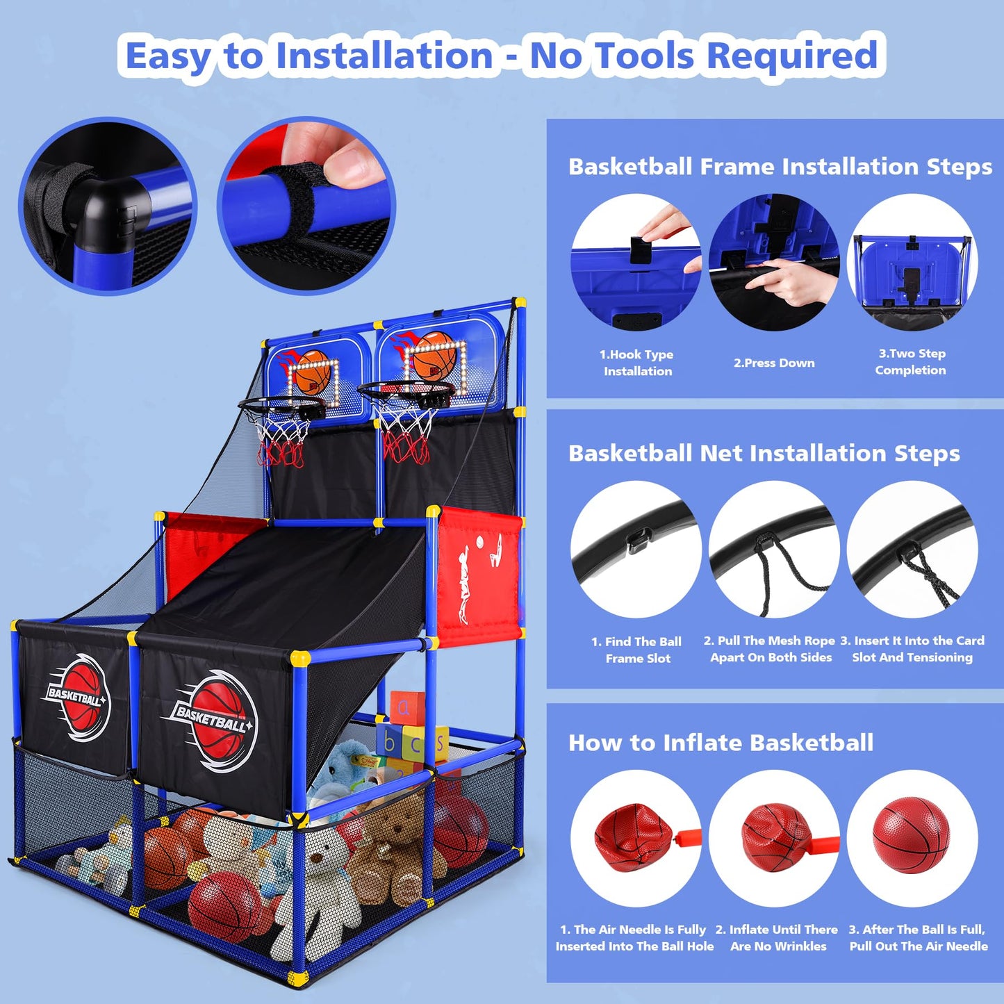 M SANMERSEN Kids Double Basketball Hoop Arcade Game Set with 6 Balls Electronic Scoreboard LED Light, Indoor & Outdoor Play, Birthday/Halloween for 3-8 Year Old Boy and Girl