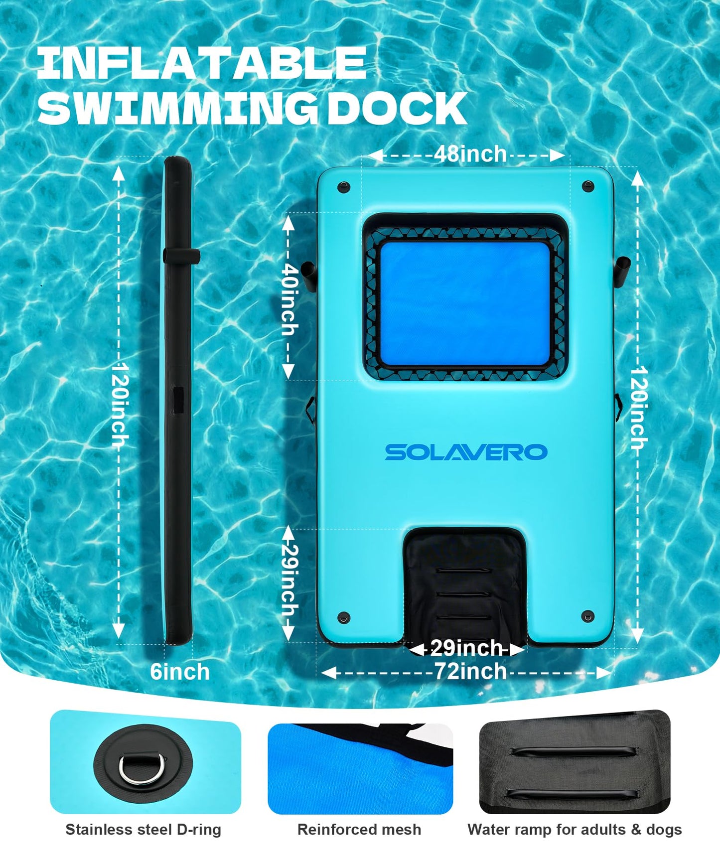 SOLAVERO 10x6ft Inflatable Floating Dock with Water Ramp, Heavy Duty Floating Platform for Adults & Dogs, Non-Slip Lake Float with Mesh Hammock, Cup Holders for Pool, Lake, Boat, Party