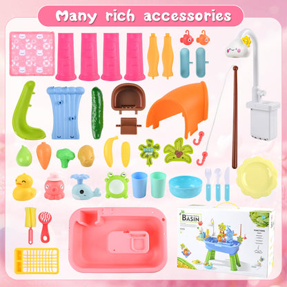 AZTWMYS Upgraded Toddler Sand Water Table Toy with Electric Water Pump, Kids Sand Water with Faucet/Play Food Accessories/Fishing Toy, Kitchen Play Sink Toys for Girl Boy Age 3+ (Pink)