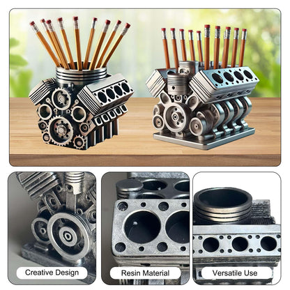 Tizee V8 Engine Model Pen Pencil Holder - Creative Desk Organizer for Home Office| Resin Desktop Stationery Storage with Compartments | Gift for Car Enthusiasts, Mechanics, and Engineers (Silvery-A)