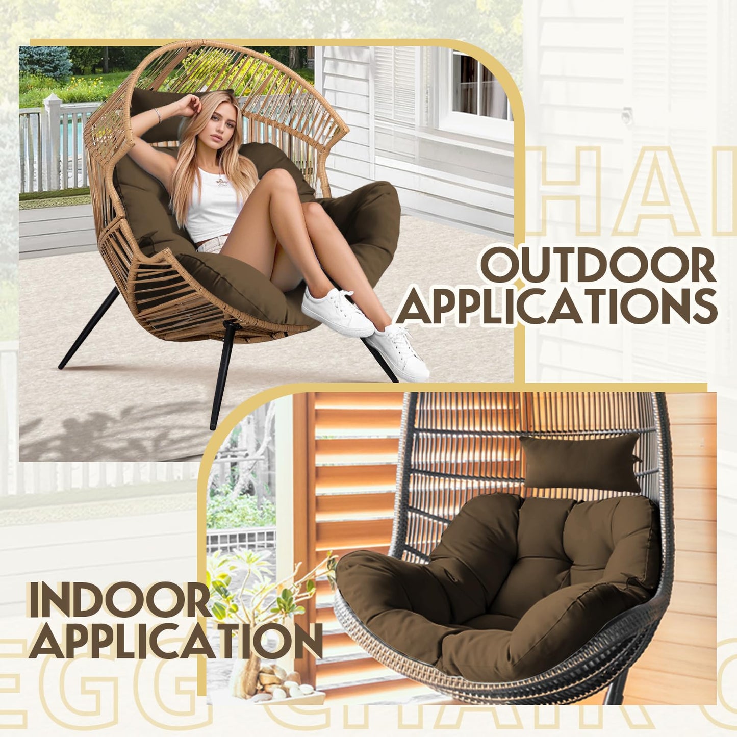 DANGHOOGY Outdoor Egg Chair Cushion, Waterproof Hanging Chair Cushion with Headrest Pillow, Egg Chair Replacement Cushion for Patio Furniture, U-Shaped Eggs Swing Cushion for Basket Chairs, Brown