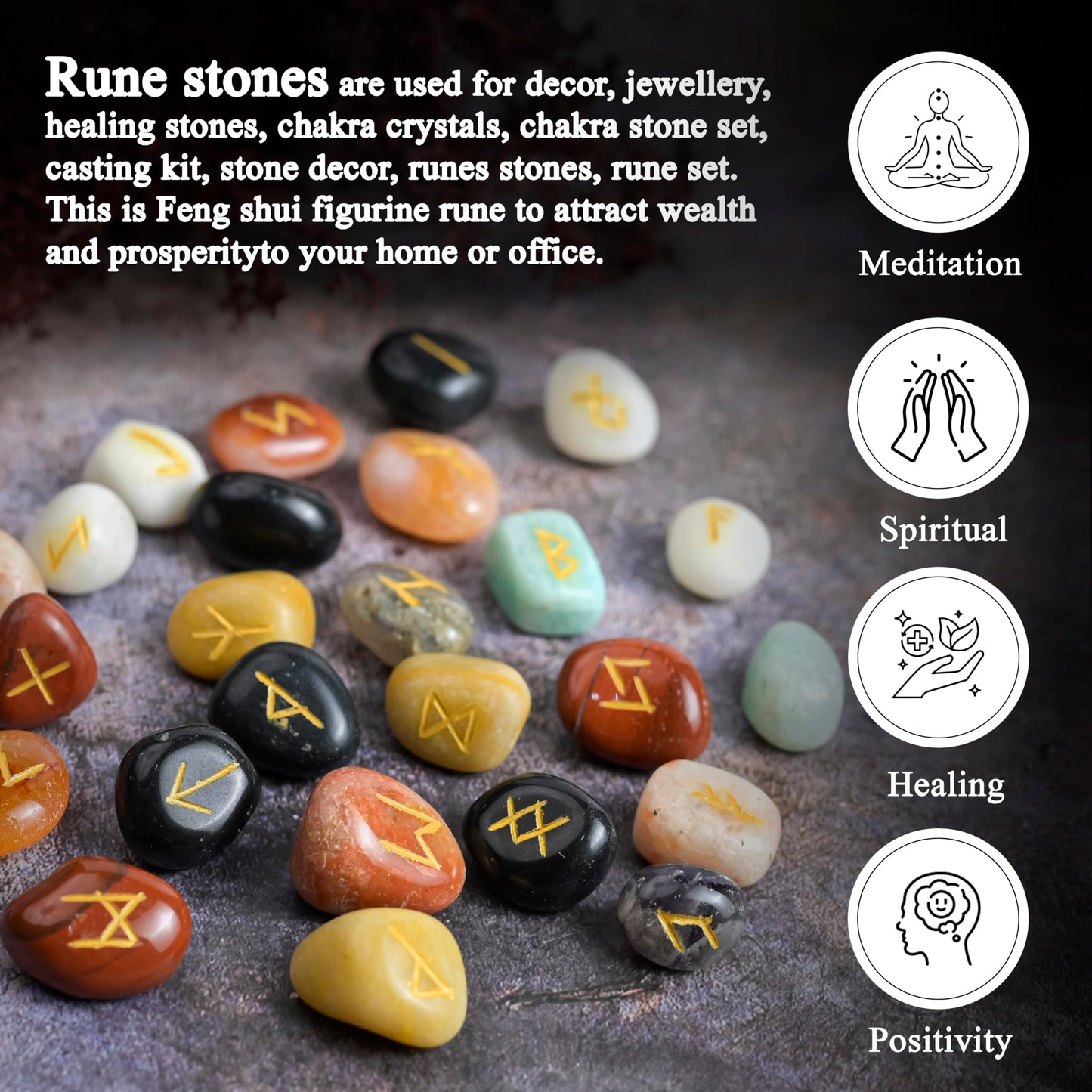 Crocon Rune Stones Sets 25 pcs Mix Chakra for Beginners with Elder Futhark Alphabets for Healing Chakra Crystals Reiki feng Shui Gemstone Runes Set Size: 15-20 mm with a Pouch & Rune brochure