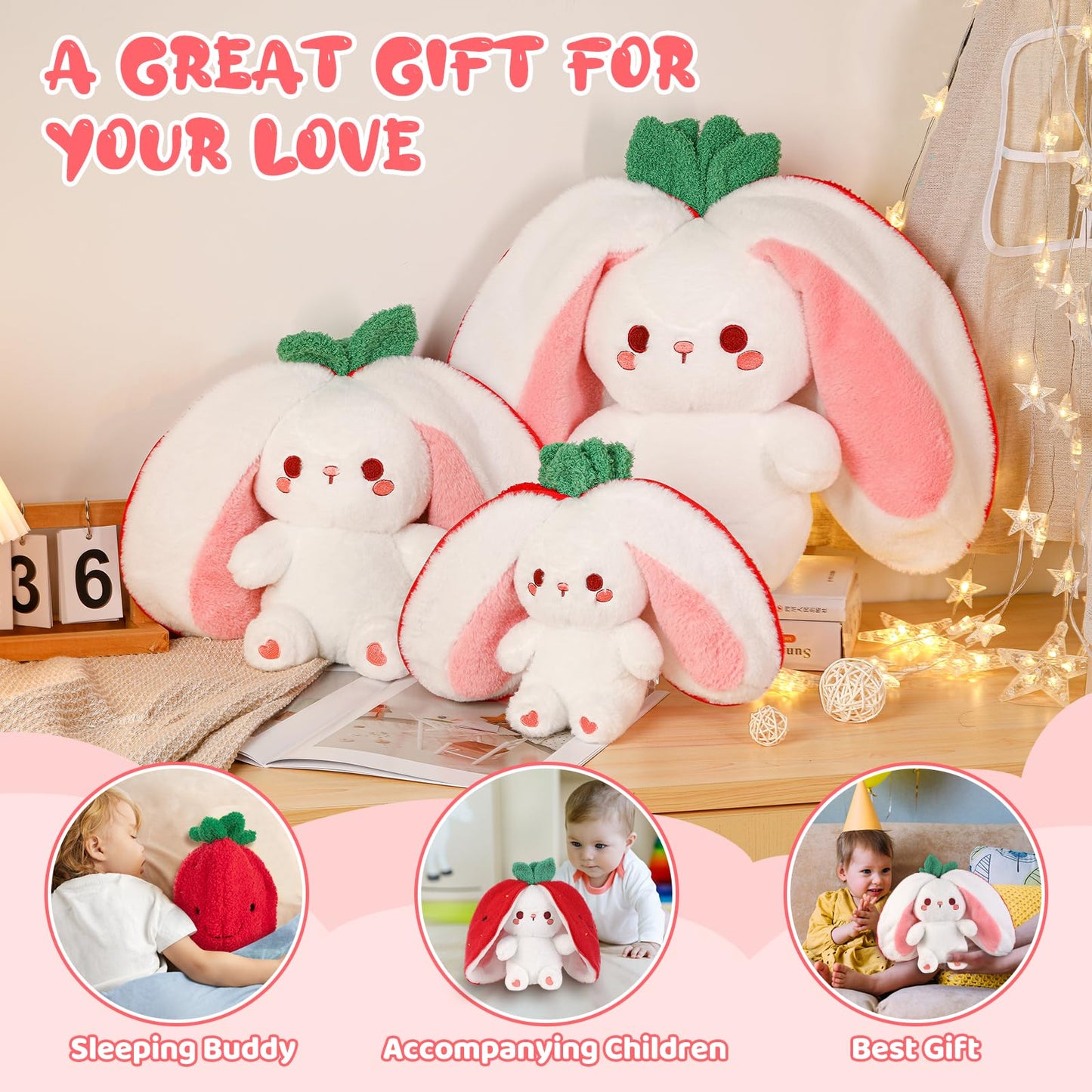 Emoin Bunny Stuffed Animal Reversible Cuddle Strawberry Bunny Plush Transformed Rabbit Toy Plush with Zipper Easter Bunny Plushies Gifts for Baby Boys Girls-7Inch