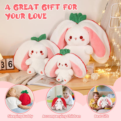 Emoin Bunny Stuffed Animal Reversible Cuddle Strawberry Bunny Plush Transformed Rabbit Toy Plush with Zipper Easter Bunny Plushies Gifts for Baby Boys Girls-7Inch