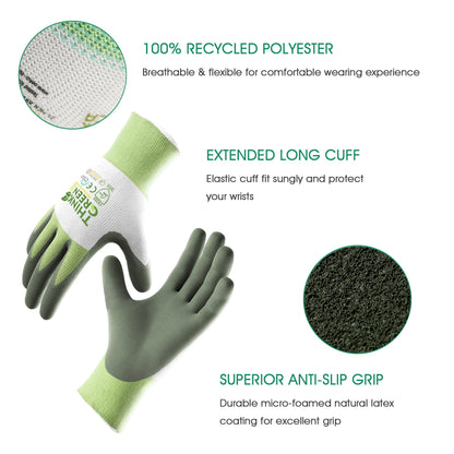 COOLJOB 3 Pairs Gardening Gloves for Women Men, 100% Recycled Polyester with Rubber Coated for Garden Patio Yard Lawn Work, Green, White & Grey, Medium Size