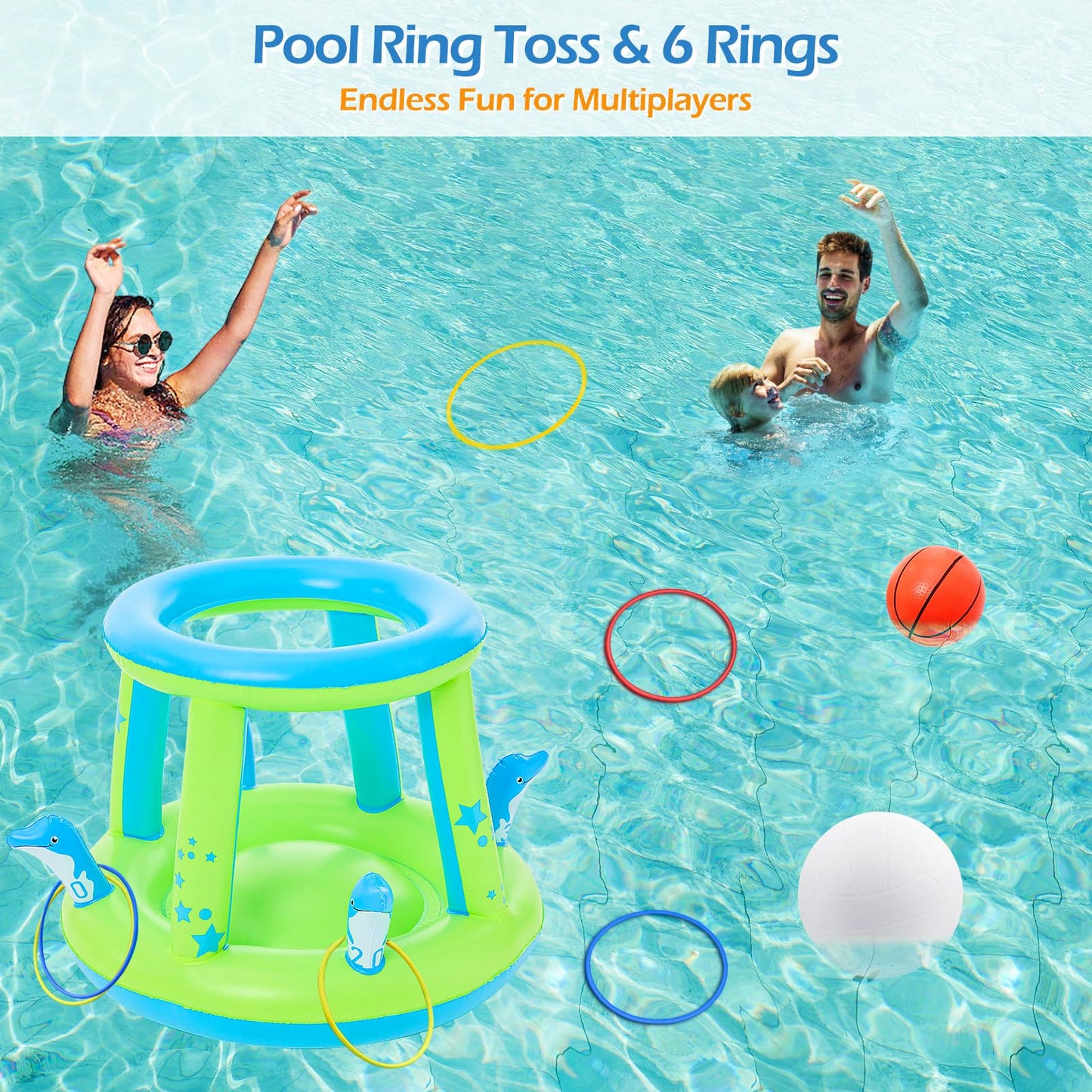Jasonwell Pool Toys Games Set - 3 in 1 Pool Volleyball Net Basketball Hoop Ring Toss Game Inflatable Floats Water Floating Volleyball Swimming Pools Games Party Gift for Kids Adults (Green&Blue, XL)