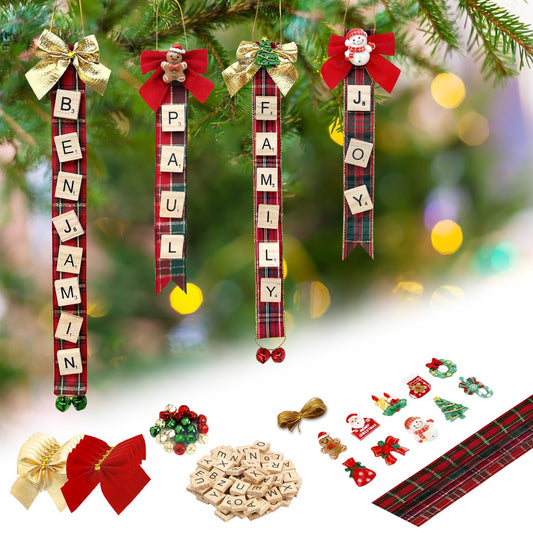 Christmas Ornaments Tree Decorations Personalized Crafts for Adults Kit DIY Ribbon Letter Tiles Bells Rustic Stockings Name Tags Hanging Xmas Decor for Gifts Wreath Holiday(Tartan)