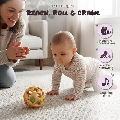 ROHSCE Sensory Rattle Balls Textured, Baby Teething Sensory Montessori Toys Soft Chew Toy with Rattles for Babies, Safe Wheat Straw Travle Toys, Developmental Newborn Baby Toys 6 to 12 Months, Yellow