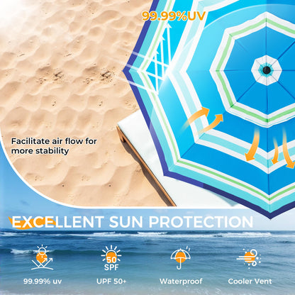 HOMEDEMO 8FT Large Beach Umbrella with Weight Bag & Sand Anchor, Outdoor Umbrellas with Adjustable Aluminum Pole and Built-in Table, Heavy Duty Windproof & UPF 50+ Design, Parasol, Blue Green White