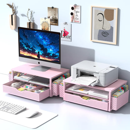 Spacrea Desk Organizer and Accessories, Computer Monitor Stand Riser with Drawer and 2 Pen Holders, Office Desk Accessories & Workspace Organizers for Office Supplies (Pink)