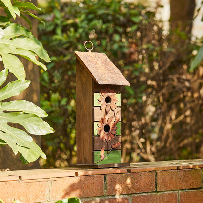 Glitzhome Bird Houses for Outside, 14.45" H Wooden Garden Hanging Bird House Two-Tiered Distressed with Flowers Decorative Birdhouse for Outdoors