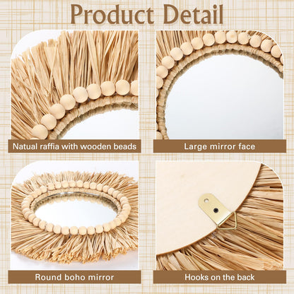 Gulfmew 3 Pcs Boho Raffia Mirror Wall Hanging Decor 15.8 Inch 11.8 Inch Rustic Round Boho Circle Mirrors with Wood Bead Farmhouse Aesthetic Nursery Mirrors for Bedroom Living Room Bathroom Wall Decor