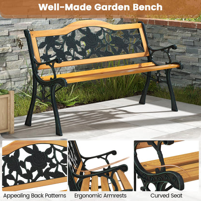 Tangkula Outdoor Garden Bench Park Bench, Patio Furniture Bench Chair with Cast Iron & Hardwood Structure, Weather Proof Porch Loveseat, Perfect for Backyard, Deck, Lawn, Poolside