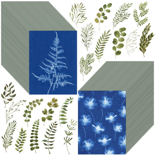LIGHOON 60 PCS Cyanotype Sun Print Kit, A5 Sensitive Solar Art Paper Kit with 20 Pcs Leaf Sticker for DIY Arts Crafts Projects