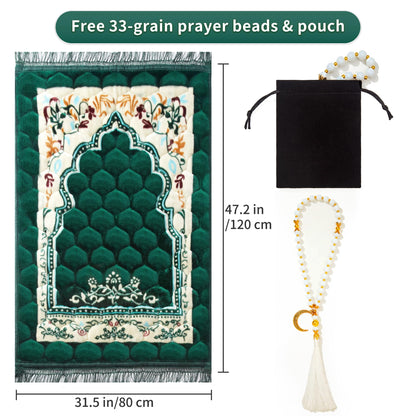 YAZEIN Muslim Prayer Rug with Tasbih Prayer Beads, Soft Large Prayer Matt Islam, Padded Islamic Prayer Mat Thick for Men and Women, Janamaz, Sajadah (31.5" x 47.2", Green)