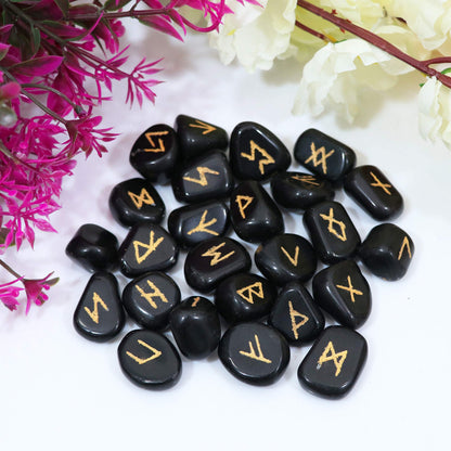 Crocon Fathers day gift Black Tourmaline Tumble Shape Gemstone Runes Stones with Elder Futhark Alphabet Engraved 25 pcs Runes Set Crystal Divination Healing Chakra Reiki with a Pouch Size : 15-20 mm