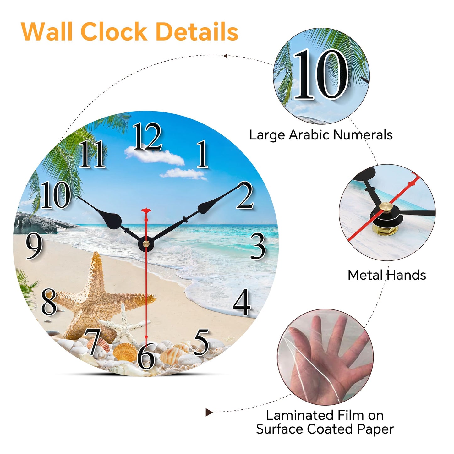 Toudorp 14 Inch Coastal Ocean Wall Clock with Seashell Design and Palm Tree Beach Theme - Battery Operated Silent Wall Decor for Home, Kitchen, Living Room, Office, Bedroom