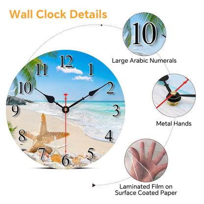 Toudorp 14 Inch Coastal Ocean Wall Clock with Seashell Design and Palm Tree Beach Theme - Battery Operated Silent Wall Decor for Home, Kitchen, Living Room, Office, Bedroom