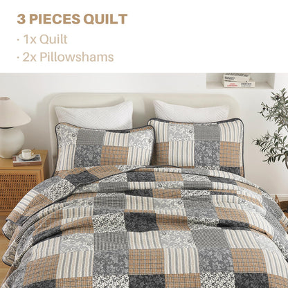 PANGUSHAN 100% Cotton King Quilt Bedding Set, Quilt King Size, Floral Patchwork Quilted Bedspread, Lightweight Comforter King Bed Spread for All Season, 3pcs, Brown/Gray
